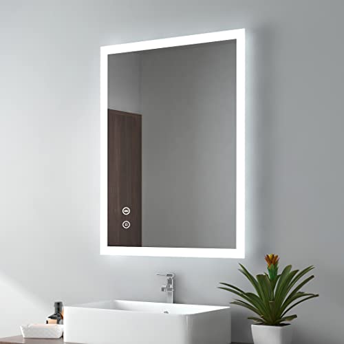 EMKE 450 X 600 mm Backlit Illuminated Bluetooth Bathroom Mirror with Shaver Socket, Wall Mounted Multifunction Bathroom Vanity Mirror with LED Li