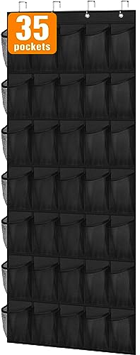 MISSLO 35 Large Pockets Over The Door Shoe Organizer Sturdy Oxford Fabric Hanging Shoe Rack for Door Mesh Closet Shoe Holder Hanger (Black)