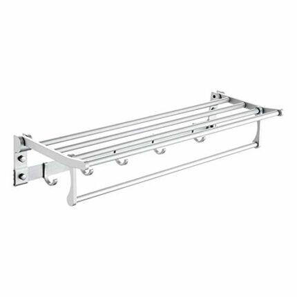 -Shelf,Towel Rack Space Aluminum Silver Anodized Double Layer with Hooks Foldable Multifunctional Wall-Mounted Towel Rack Length 60Cm Wall Mounte