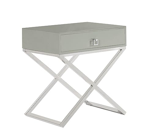 Iconic Home Ithaca Nightstand Side Table with Self Closing Drawer Lacquer X Base Nickel Finished Stainless Steel, Modern Contemporary, Grey