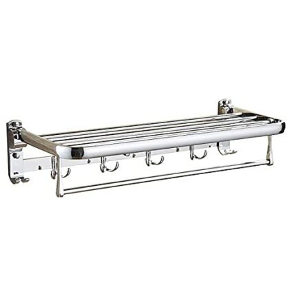 -Shelf,Towel Rack Stainless Steel Towel Rack, Foldable Bathroom Towel Rails, Multifunction Wall-Mounted Towel Holder Bar with Hooks, Length-60Cm
