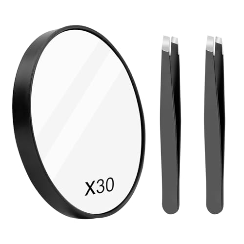 Leikedun 30X Magnifying Mirror, 3.5 inches Magnifying Mirror with Suction Cup and 2Pcs Tweezers, Stick on Shower Mirror Travel Pocket Magnifying