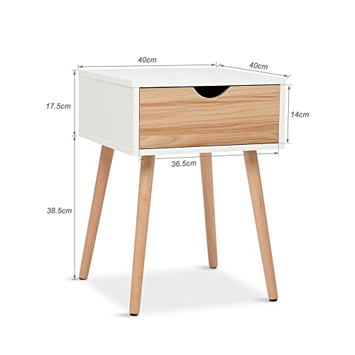 Mondeer Bedside Table with 1 Drawer Side Cabinet Storage Cabinet Scandinavian Style for Bedroom Living Room 40D x 40W x 56H cm, White + Oak