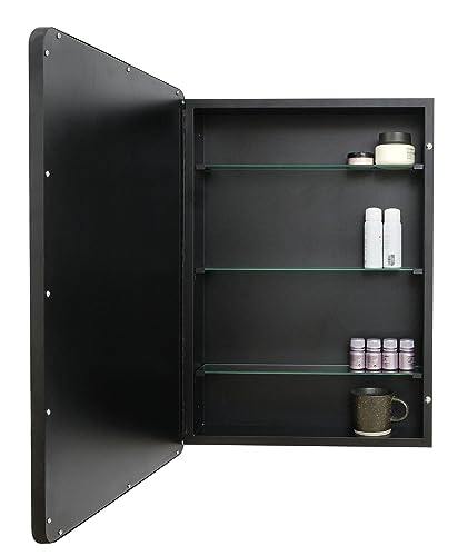 FOMAYKO Farmhouse Black Metal Framed Recessed Bathroom Medicine Cabinet with Mirror Rounded Rectangle Vanity Mirros for Wall 22x30 inch