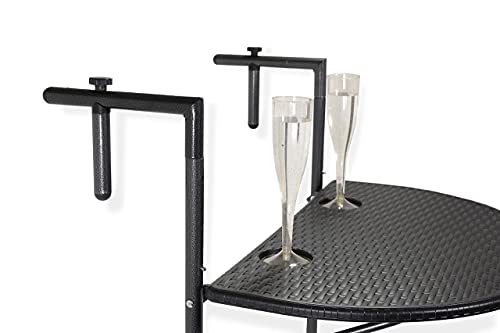 GOLETIO Balcony Hanging Table - Black Rounded Wicker Rattan Railing Table - Adjustable Height, Foldable and Compact, Weather & Rust-Resistant - I