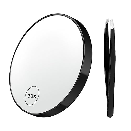 Roadoor 30X Magnifying Mirror,3.5 inches Magnified Makeup Mirror with Suction Cup and Tweezers,Travel Magnifying Mirror Stick on Shower Mirror fo