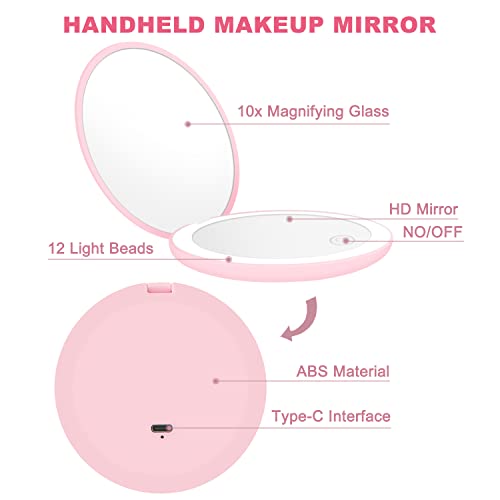 Sweetone Compact Mirror, LED Lighted Travel Makeup Mirror, 1X/10X Magnifying with Light, Small Pocket Mirror with 3 Colour Modes & Adjustable Bri