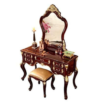 LUKEO Solid Wood Dressing Table Vanity Table Bedroom Dressing Cabinet Princess Oak Carved Dressing Table