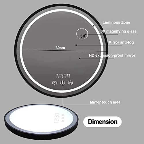 Devenirriche 600mm Round LED Bathroom Mirror, 24 inch Illuminated Wall Mounted Vanity Mirror with Sensor Touch Control,Anti-fog, 4 LED Light Colo