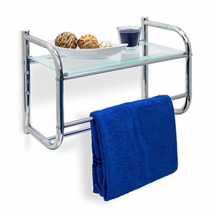 Relaxdays Stainless Steel Wall Glass (34 x 45 x 23 cm) Bathroom Shelf with 2 Towel Rails Modern Style Glass & Chrome Finish Base, Metal, Silver