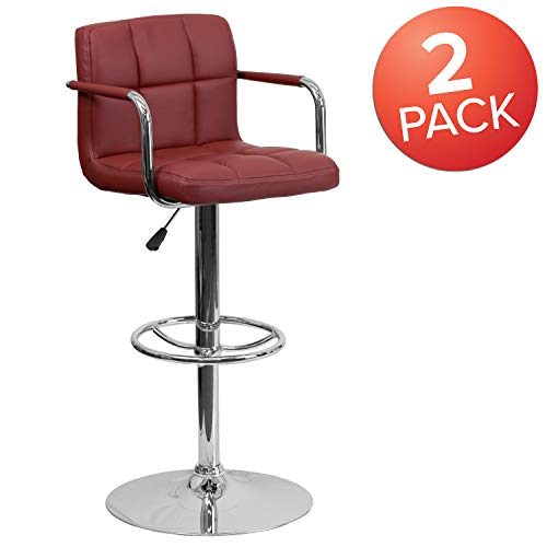 Flash Furniture Adjustable Bar Stools | Set of 2 Counter Height Barstools with Back and Armrest, Vinyl, Burgundy, 2 Pack