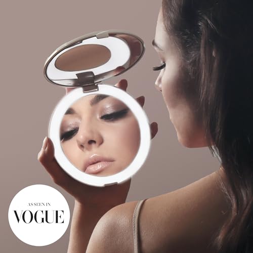 Fancii LED Lighted Travel Makeup Mirror, 1X/10X Magnification - Daylight Led, Compact, Portable, Large 127mm Wide Illuminated Mirror, Silk White