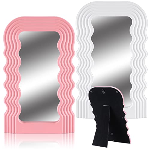 Maitys 2 Pcs Wave Pattern Irregular Makeup Mirror Tabletop Vanity Mirror Aesthetic Hanging Wall Mirror Preppy Photo Props Cosmetic Mirror for Tab