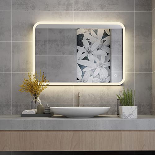 MIQU 500 x 700 mm Bathroom Mirror with Led Lights, Illuminated Makeup Wall Mounted Mirror with Touch Sensor & Demister Anti-Fog for Bath, Bedroom