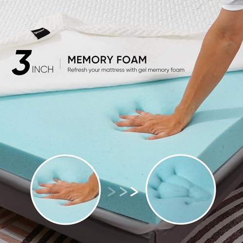 Memory Foam Mattress Topper King Size, 3 Inch Gel-Infused Cooling Mattress Pad Cover for Back Pain,Bed Topper with Removable & Washable Bamboo Co