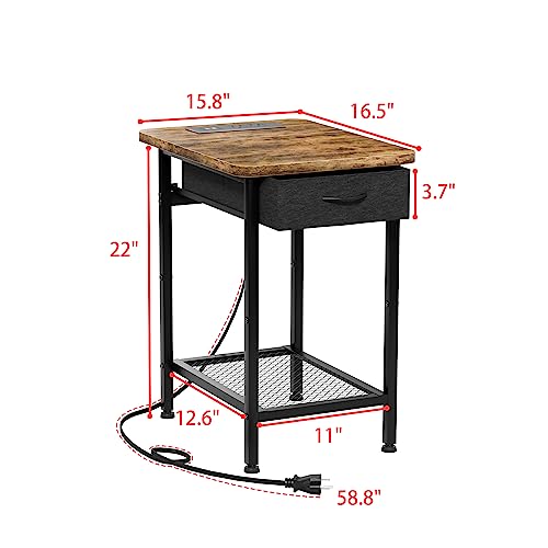 GYIIYUO Nightstand with Charging Station and Fabric Drawer, Side Table with Storage for Bedroom, Bedside Tables with Steel Frame - Rustic Brown