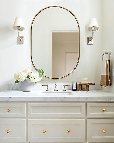 ANDY STAR Gold Mirror, 20x30 Inch Brushed Gold Oval Mirrors for Bathroom, Brass Pill Shaped Mirror, Modern SUS304 Stainless Steel Metal Frame