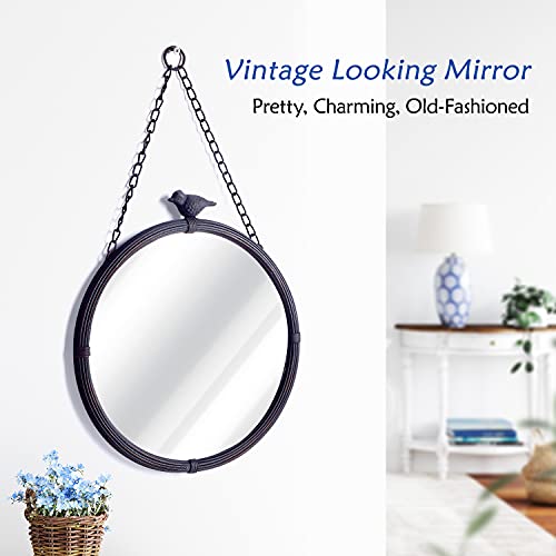 NIKKY HOME 11.25" Vintage Round Metal Framed Wall Mounted Mirror with Bird, in Matt Black 28.5 x 2.5 x 31.5 CM