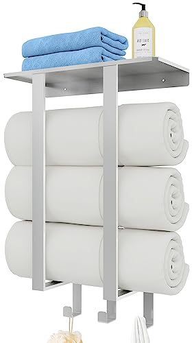 Towel Rack Wall Mounted, BETHOM Towel Racks with Shelf and 3 Hooks for Small Bathroom, Towel Storage Wall Can Holds Up to 3 Large Size(160x100 cm