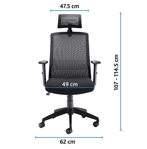 Office Hippo High Back Office Chair with Arms, Mesh Office Chair for Home, Lumbar Support and Adjustable Arms, Swivel, Fabric, Black