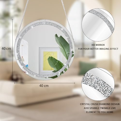 Mirrors for Wall Crystal Crush Diamond Silver Round Mirror for Wall Decor Frameless Mirror with Silver Stainless Steel Chain for Hallway Bathroom