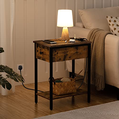 HOOBRO Narrow Side Table, Slim Bedside Table with Charging Station, USB Ports & Power Outlets, Nightstand for Living Room, Bedroom, Flip Top, Rus