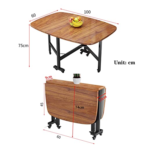 DISHENGZHEN Folding Dining Table, Drop Leaf Foldable Table, Wood Extendable Table Dining with 6 Wheels, Saving Space, Round Edge Design, Moveable