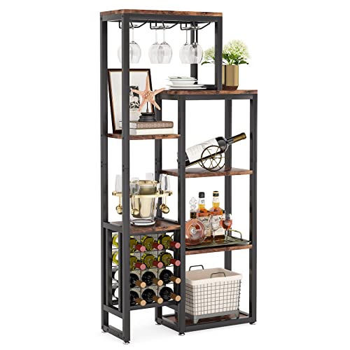 LITTLE TREE Wine Rack Freestanding Floor, 5-Tier Wine Baker Rack Wine Display Shelf with Glass Holder & Wine Storage for Bar, Kitchen, Dining Roo