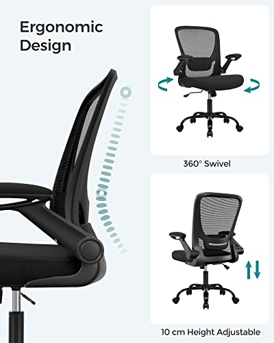 SONGMICS Office Chair with Folding Armrest, Desk Mesh Chair, Ergonomic Computer Chair, 360° Swivel Chair, Adjustable Lumbar Support, Space-Saving