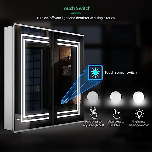 LUMIRRORS® Bathroom Mirror Cabinet with Shaver Socket LED Lights 63x65cm 2-door Dimmer Touch Switch Fogless Aluminum Adjustable Shelves Storage C
