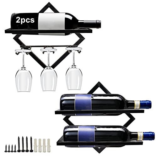 Metal Wall Mounted Wine Holder, Upgrade Foldable Hanging Wall Wine Rack Organizer for 2 Liquor Bottles, Red Wine Bottle Display Hanger with Screw