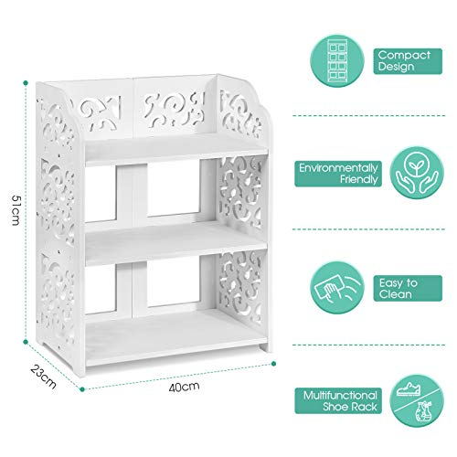 SOULONG 3 Tier Composite Wood Plastic Shoe Rack Storage Organiser White Openwork for Shoes 40 x 23 x 51 cm, White