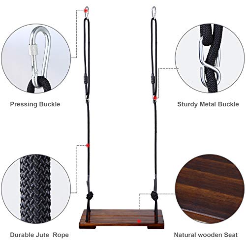 PELLOR Wooden Swing Seat Hanging Wood Tree Swings Sets Anticorrosive & 100% Waterproof Garden Swing for Adults & Kids Indoor & Outdoor(Brown)
