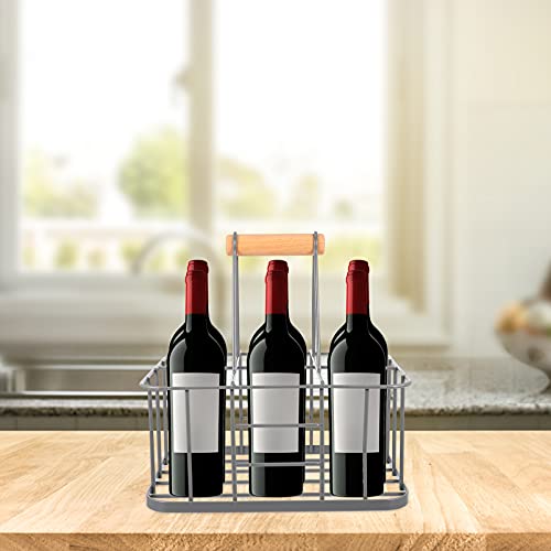 Tomaibaby 6 Milk Bottle Holder, Metal Wire Wine Bottle Carrier with Wooden Handle, Rustic Farmhouse Wine Milk Bottle Caddy Doorstep Milk Crate Ba