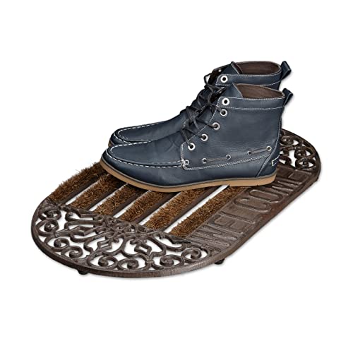 Relaxdays Door Mat Cast Iron Doormat with Bristles, Oval with "WELCOME" Lettering, 4 x 65 x 37cm, Art Nouveau Rustic Welcome Mat made of Robust P