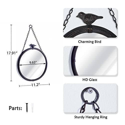 NIKKY HOME 11.25" Vintage Round Metal Framed Wall Mounted Mirror with Bird, in Matt Black 28.5 x 2.5 x 31.5 CM