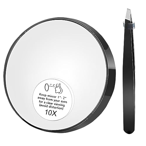 10x Travel Magnifying Mirror with Suction Cups and Tweezers Kit Portable Magnifying Makeup Mirror Black Cosmetic Mirror Magnified for Shaving Mak