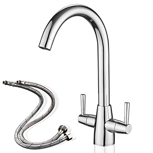 Kitchen Tap Mixer for Kitchen Sink Monobloc Tap Dual Lever 360 Swivel Chrome Kitchen Sink Taps UK Standard 1 Hole Deck Mount with 20 Inch Flexi T