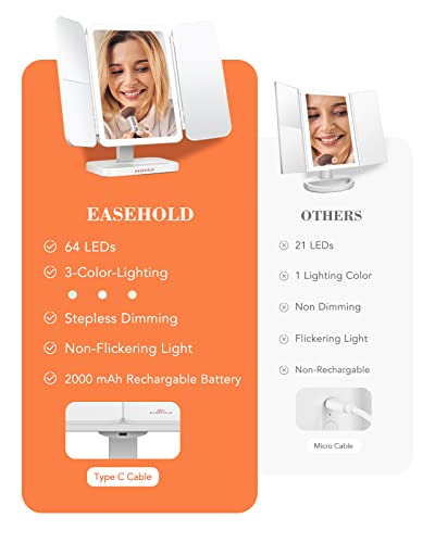 EASEHOLD Lighted Makeup Mirror with 1X/2X/3X Magnification, 60 LEDs, 3-Color Lighting Modes, Stepless Dimming, 2000 mAh Rechargeable Battery, for