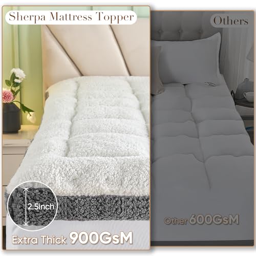 King Mattress Topper, Cymula Extra Thick Sherpa Mattress Pad with 900GSM Down for Back Pain Bed, Soft Plush Mattress Cover Fluffy Pillow Top with