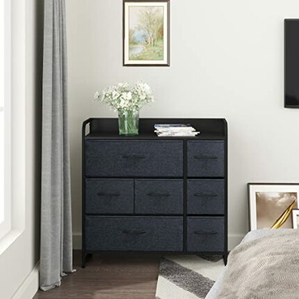 BHVXW Dresser with 7 Drawers Chest of Drawers 3-Tier Organizer Unit with Steel Frame Wood Top Easy Pull Fabric Bins Storage Dresser