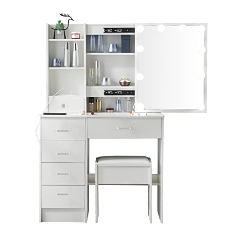 Vanity Desk, Makeup Vanity with Mirror and 10 LED Lights, Makeup Dressing Table with 6 Drawers and Chair, Vanity Table with 3 Lighting Modes for