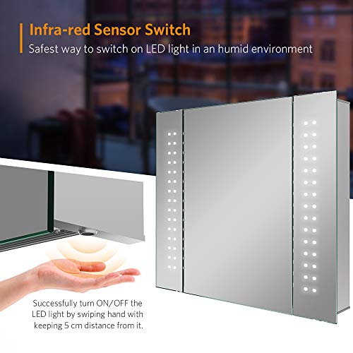 Quavikey® Bathroom Mirror Cabinet with Lights and Shaver Socket LED Illuminated Medicine Cabinet Wall Mounted with Shelf and Demister Dots Lights