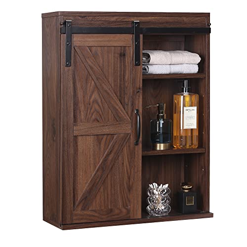 RUSTOWN Farmhouse Wood Wall Storage Bathroom Cabinet with Sliding Barn Door, Rustic Medicine Cabinet with Adjustable Shelf, 3-Tier Vintage Cabine