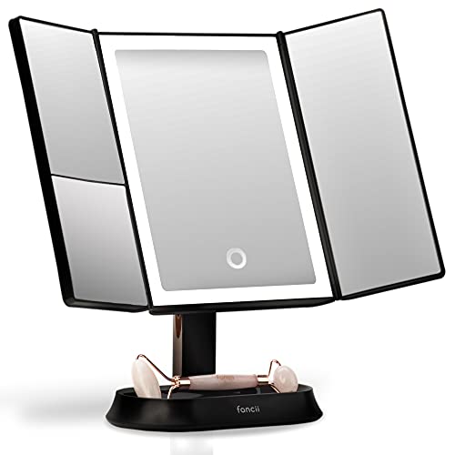Fancii Large Makeup Mirror with Natural LED Lights, Lighted Trifold Vanity Mirror with 5x & 7x Magnifications - Dimmable Lights, Touch Screen, Co