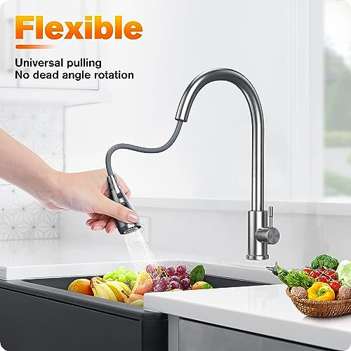 Kitchen Sink Taps Mixer with Pull Out Spray, Single Handle High Arc Commercial Stainless Steel Kitchen Faucet Suitable for UK Standard Fittings B