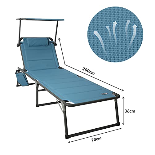 HOMECALL Aluminium Sun-Lounger with 2x1 Textilene Padding, Quick-Dry Foam, Pocket, and Sun Shade, XXL (200 x 70 cm) - Blue
