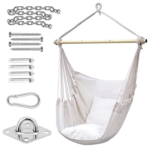 Hanging Chair Cotton Swing Chair with Hardwares, Ohuhu XL Portable Gray Hammock Chair with Cushions Installation Kit Detachable Metal Support Bar