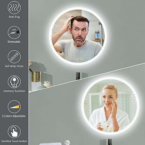 ICYWANG Bathroom Mirror with LED Lights Circular 50cm | Touch Sensor | Demister Pad | Wall-Mounted Vanity Illuminated Backlit Mirror Energy-Savin