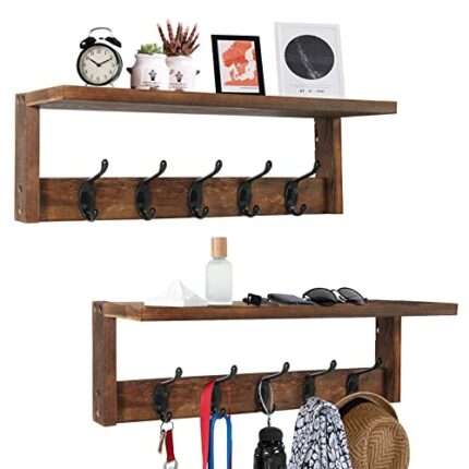 2 Pack Coat Rack Wall Mount with Shelf , BEIUTAO Coat Hooks Wall Mounted(DIY Install), Brown Wall Hooks Decorative, Entryway Rustic Wood Shelf wi